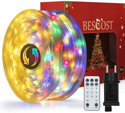 BESCOST Catena Luminosa Esterno 30M 300LED Bianco Caldo & Multicolore, RF Telecomando 11 Modalità Timer, IP65 Impermeabile, Luci Decorative Giardino Balcone Matrimonio Terrazza Gazebo