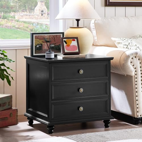 24 Inch Wide Country House Bedside Table, Large Side Table with 3 Drawers & Metal Handle, Wooden Chest of Drawers for Bedroom, Light Blue Bedside Cabinet Drawer Chest of Drawers, Bedside Tables