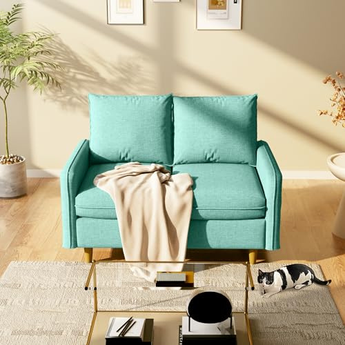 Meeyar Sofa, 147 cm 2-Sitzer Kleines Sofa mit Seitentaschen, Modernes Lounge-Sofa aus Kurzplüschstoff, Abnehmbare Bezüge, Bequemes Loveseat für Wohnzimmer und Schlafzimmer,Blau