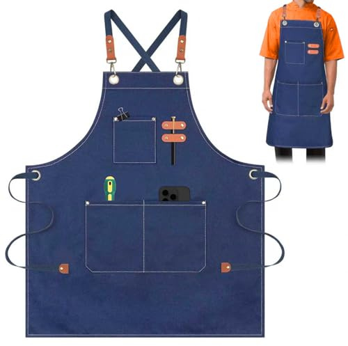 Delantal de trabajo de mezclilla con correas cruzadas en la espalda, 72 x 65 cm, azul marino con detalles de cuero marrón