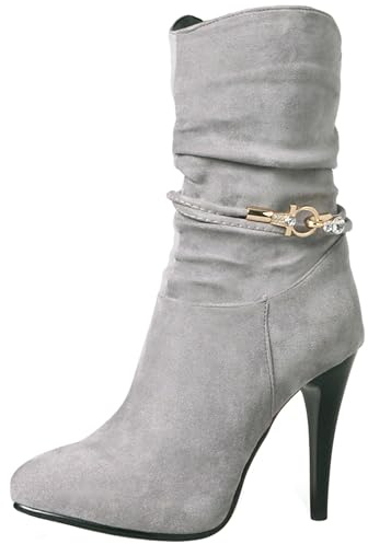 LarDorLin Plateforme Aiguilles Femme Mi-Mollet Bottes Slouch Hiver Bureau Warm Plateforme Talons Hauts Bottines Zip Gris Taille 37 EU (38 Cn)