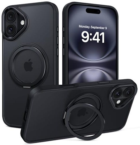 VENINGO Magnetic Case for iPhone 16, [360° Rotatable Ring Holder] [14FT Military Grade Protection][Fit for MagSafe] Translucent Matte Phone Cover for iPhone 16,Black