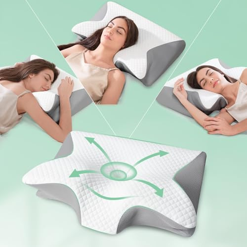 FEYIDEO Oreiller Cervical Mémoire de Forme, Gris, 60x40x12/14cm