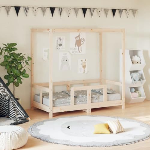 IBUQDDV Massivholz Kiefer Kinderbett 70x140 cm mit Baldachin-Gestell und stabilen Holzlatten für Belüftung – Robustes Einzelbett aus Naturmaterial mit rustikaler Optik und sicherer