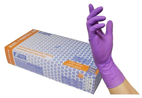 Nitras Protect 300 guantes desechables de nitrilo morados – Talla XL – sin polvo – 100 unidades (50 pares)