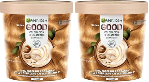 Tinte permanente vegano, Garnier Good Spicy Blonde, 7.33 Rubio miel de cayena, Sin amoniaco y nutritivo, 100% de cobertura de canas, color hasta 8 semanas, con manteca de karité - 75 ml (Paquete de 2)