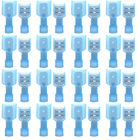 Yosawo 100-Pieces Nylon Fully Insulated Male/Female Spade Wire Crimp Connectors，Quick Disconnects Wire Terminals Connector Assortment Kit AWG 16-14 Blue（NLGML)