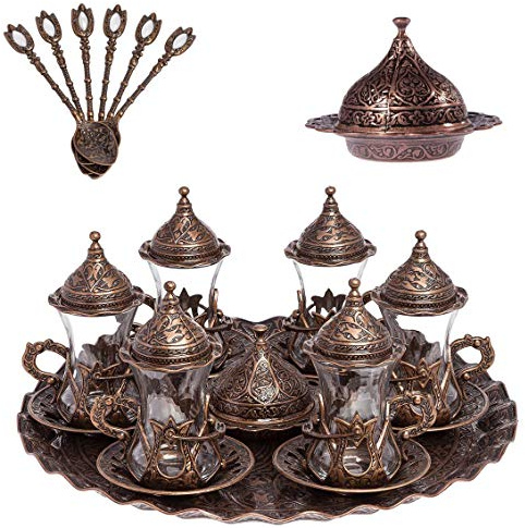 Alisveristime Türkisches Zamzam-Servier-Set, handgefertigt, mit Gläsern, Untertasse, Tablett und Löffel (Kupfer)