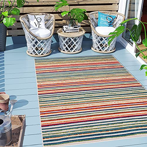 Carpeto Rugs Streifenmuster Outdoor Teppich Wetterfest für Balkon, Terasse - Balkon Teppich Wasserfest - Outdoorteppich Wetterfest - Aussenteppich Terrasse Groß - Mehrfarbig Bunt - 80 x 150 cm