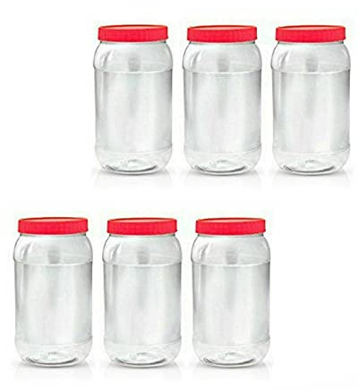 AFSUK Pack of 6 Round 2000ml Plastic Storage Jar With Screw Top Lids Red Airtight Food Storage Containers BPA Free For Kitchen, Herb, Spices, Sweets Clear Canister pots