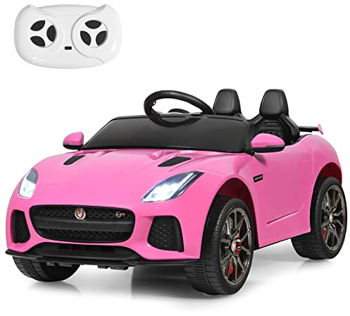 COSTWAY Jaguar Elektro Kinderauto mit Geschichten & Musik & Hupe & Scheinwerfer, 12V Kinderfahrzeug mit 2,4G Fernbedienung, Elektroauto 3-5km/h für Kinder ab 3 Jahre (Rosa)