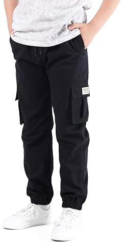 NATUST Jungen Cargohose Kinder Freizeithose Jogginghose Jungs Cargo Hose mit Elastischem Bund Schwarz 170/176