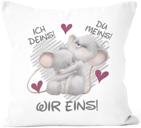 SpecialMe® Kissenbezug Geschenk Liebe Valentinstag Jahrestag Spruch Ich Deins Du Meins Wir EIns Herz Mäuse Weiss 40cm x 40cm