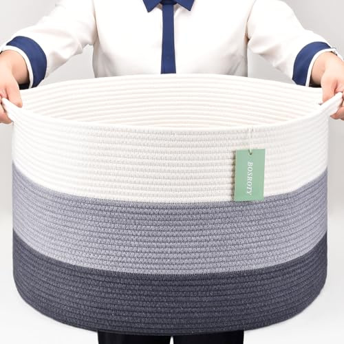 BOSROTY Large Cotton Rope Blanket Basket, 87L Laundry Basket, White & Gray | 40 x 55 cm, Large Collapsible Woven Nursery Hamper with Sturdy Handles for Clothes Toys Towels, Bedroom Living Room Bathroom