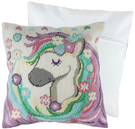 Trimits Half Stitch Tapisserie Kit de coussin au point de croix, dos de coussin inclus, toile pré-imprimée, fil et aiguille inclus 40 x 40 cm (15,75 x 15,75 in) - Licorne