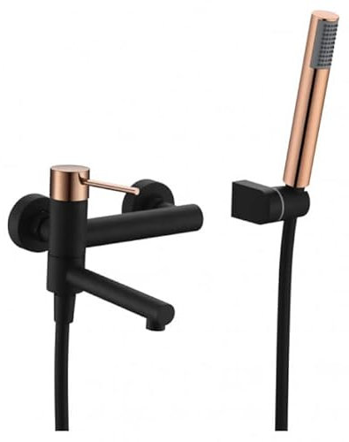 IMEX - Rubinetto da parete monocomando per vasca/doccia - Rubinetteria da bagno con beccuccio da vasca e manico doccia - Rubinetto per vasca serie MILOS STICK BDYS045-4NOR nero opaco e oro rosa