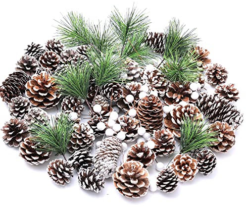 170Pcs Pine Cones Pine Branches Set, Christmas Wreath Making Supplies, Snow Pinecones White berries Garland Making kit, Artificial Holly Pinecone Branche for Xmas Tree Decoration Fall Winter Craft