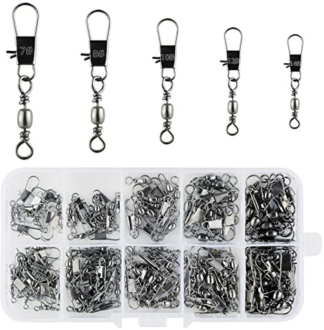 Realure 125 Pcs Fishing Swivels, with Safety Snaps Swivels Fishing Tackle, Sea Fishing Swivels Rolling Swivel for Quick Change Swivels Fishing, for Fishing Hook to Line Connectors (7# 8# 10# 12# 14#)