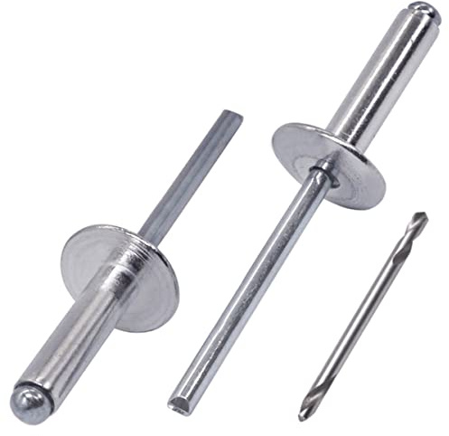 SKIR'CO (150 piezas) Remaches ciegos de aluminio con brida grande 4,8 x 24 mm, mandril de acero, broca incluida