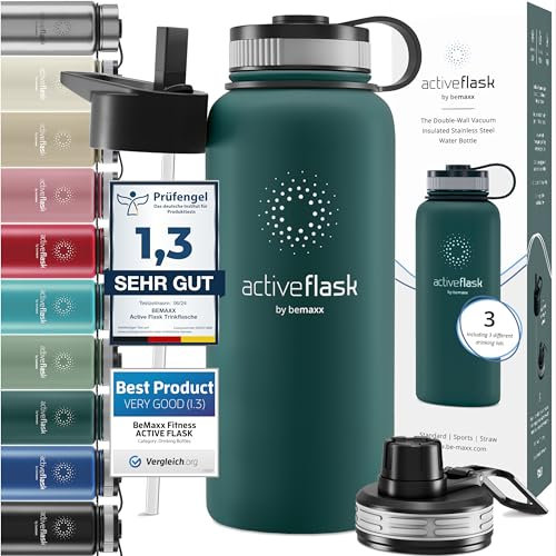 Trinkflasche Edelstahl ACTIVE FLASK + Strohhalm (3 Deckel) BPA-frei, Auslaufsicher, Kohlensäure geeignet - Wasserflasche Fahrrad Thermosflasche Isoliert Isolierflasche Sport Wasser Flasche Kinder Tee