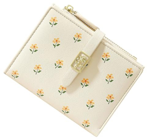 Portemonnaie Damen RFID Schutz Kurzformat Geldbörse PU Leder, Klein Blumen Geldbeutel mit Viele Fächer für Mädchen (Weiß)