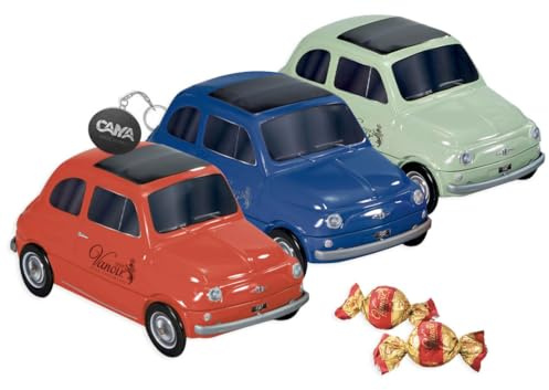 Vanoir Gran Turismo Modellino Fiat 500 in Latta con Praline di Cioccolato al Latte Ripiene di Crema alle Nocciole 205g con Portachiavi CAIYA®