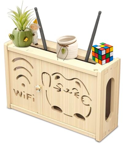LUPATDY Massivholz Router Schrank,Wall Mounted WiFi Router Storage Box-Router Verstecken,Router Aufbewahrungsbox-Kabelbox,TV Set Top Box Organisator-Holz WiFi Dekoratives Router Regal(Glückskatze)