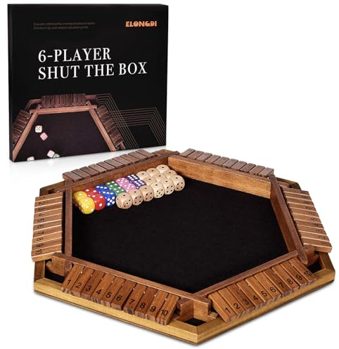 ELONGDI Upgraded 1-6 Player Shut The Box Dice Game with 12 Dice+Bonus Wooden 12 Dice, Classic Wooden Board Table Math Game for Adults,Kids/Tabletop Board Games for Classroom,Home,Party or Pub