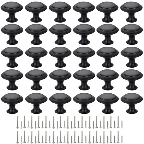 Cabinet Knobs, 30 PCS 30mm Dresser Knobs, Premium Drawer Knobs, Metal Furniture Handles, Black Zinc Door Knobs for Closet- 1-1/6 Inch Diameter Round Drawer Pulls Kitchen Knob Hardware with Screws DIY