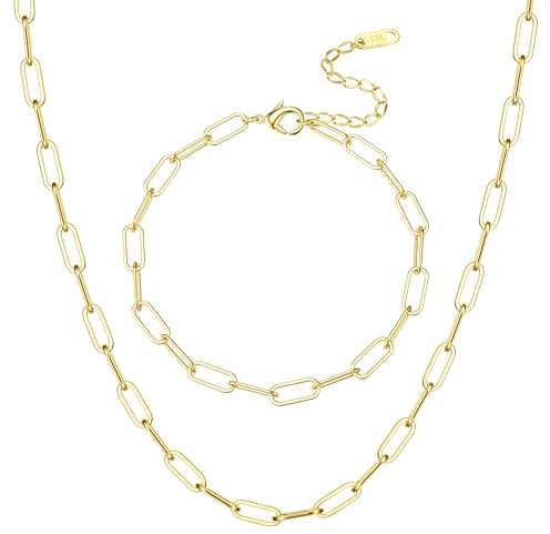 ADRAMATA Paperclip Necklaces Chain Bracelets for Women 18K Gold Plated Necklaces Bracelets Set Waterproof Stackable Stainless Steel Chain Necklaces Bracelets Silver Gold Necklaces for Women