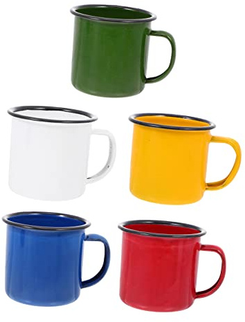 OKUMEYR Mug en Émail Vintage 5 Pièces, Rond, Finition Délicate | Tasse à Cafe Originale, Gobelet à Eau en Émail, Poignée Confortable, Large Ouverture Couleur Aléatoire