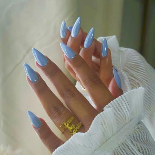 Chrome Light Blue False Nails Almond, SXVME Chrome Press On Nails Medium, Glazed Gel Finish, Sparkly Fake Nails Press on, Bling Acrylic Stick on Nail for Women Weddings