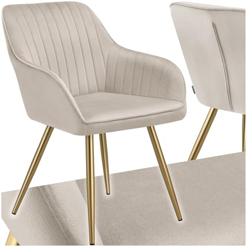 tectake® Esszimmerstuhl, gesteppter Samtstoff Stuhl, mit Armlehnen, als Essgruppe, Küchenstühle modern, gemütlicher Sessel Wohnzimmer, Dining Lounge, Schminktisch Stuhl- Taupe/Gold, 1 Stuhl