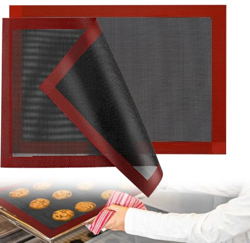 Basics Silicone Non-Stick Perforated Baking Mat for Bread, Pastry, Cookies, Easy to Clean, Reusable, 2 Pack, Red Edge and Black Background, Rectangular, 40 L x 30 W cm ﻿