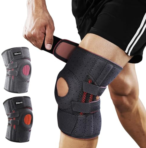 BIHEVN Kniebandage Verstellbare für Männer Damen,Kniebandage mit seitlichen Stabilisatoren und Patella-Gelpolster, geeignet bei Knieschmerzen, Meniskusrissen und Gelenkbeschwerden. (Size(35-48cm)