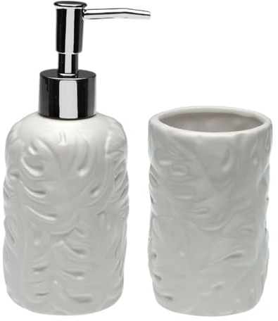 Set Accessori Bagno in Ceramica – Dispenser Sapone e Porta Spazzolini, Dosatore Sapone Liquido + Bicchiere Portaspazzolino, Design Moderno Lucido (Bianco)