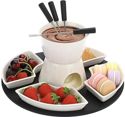 BUERPINKING Set di fonduta di cioccolato in ceramica con base, 4 piatti in ceramica e 4 forchette, fonduta di formaggio con funzione di fusione, scalda burro, per cioccolato, formaggio, burro e