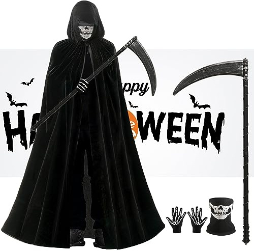 ARDFFA Halloween Costume Grim Reaper Set - 4 PCS Black Hooded Cloak with Grim Reaper Scythe, Skeleton Mask & Skeleton Gloves, Grim Reaper Vampire Party Costume for Cosplay Costume Horror Fancy Dress