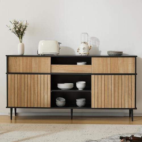 Cómoda con 4 puertas correderas y 1 cajón, roble combinado con negro, dimensiones: 160 W x 40 D x 80 H