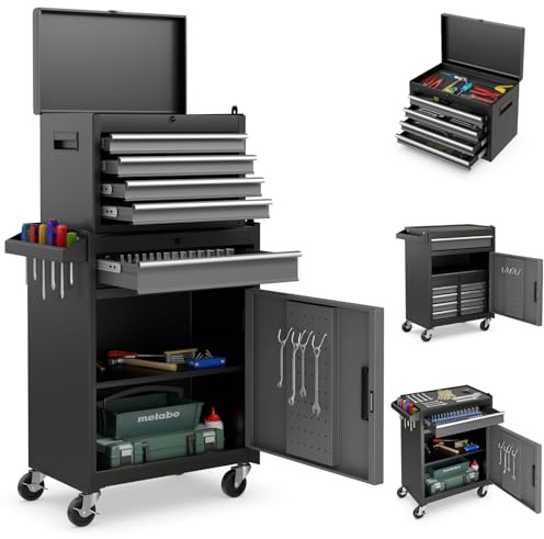 FANTASK 2 in 1 Werkzeugschrank, Werkstattwagen aus Metall inkl. Koffer & 8 Fächer & Haken & verstellbarem Regal, Mobiler Werkstattwagen auf Rädern ohne Werkzeug, 100 kg Tragkraft, 59x28x102cm