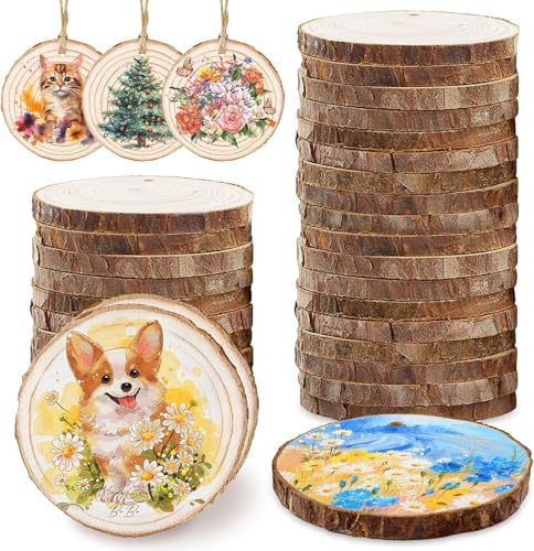 ZWLIYCHN Natur Holzscheiben 30 Stück, Vorgebohrte Holzscheiben zum Basteln mit Juteschnur 6-7cm, Baumscheiben mit Rinde für Weihnachtsdekoration, DIY, Geschenk, Raumdekoration, Feiertage Anlässe