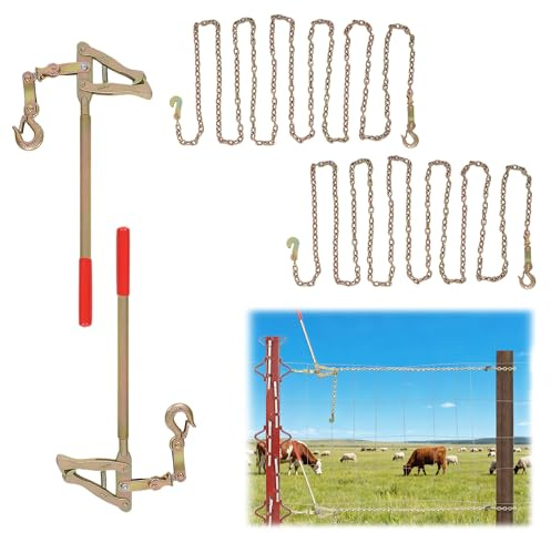 AIWFL 2 PCs Chain Link Fence Stretcher Tool with 19.7FT Chain, Heavy Duty Steel Fence Puller Stretcher Wire Tensioner, 2200lbs Capacity Barbed Wire Fence Bar Puller for Farm, Ranch, Fence Repair