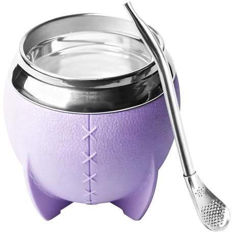 Leikurvo Taza de té mate, acero inoxidable, doble pared con cuchara de pajita, aislamiento térmico, adecuado para té mate, café, leche y zumo (morado)