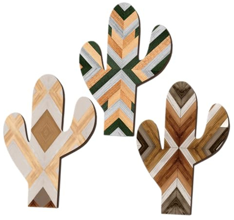 DIYEAH 3 Stück Rustikale Holz Wanddeko Boho Kaktus Wandbild Bemalte Vintage Wandkunst für Wohnzimmer Flur Büro Dekorative Holzkunst für Innenräume