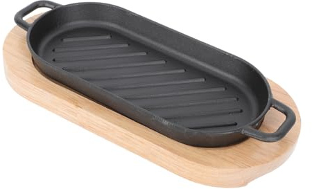 DIYEAH Plaque de Grill Rectangulaire Fonte avec Support Bois Revêtement Antiadhésif Chauffe Uniforme pour Viande Poisson et Barbecue à Induction Réunions Familiales