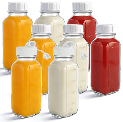 Ghligna 8 Pack Glass Bottles with Lids 500ml/16oz - Glass Juice Bottles with Lid, Milk Storage Bottle with Pour Spout, Reusable Water Bottle Smoothie Bottle for Fridge