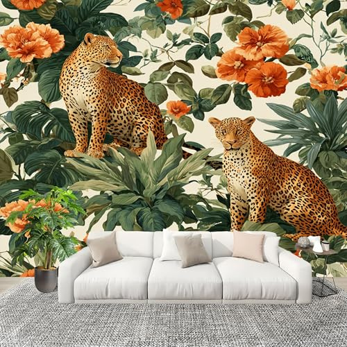 Mural Papel Pintado 3D 300x210 cm Animales Leopardo Flores Fotomurales Tejido No Tejido Antiarrugas Póster Beige Murales Fotográfico Moderno Decoración de Paredes