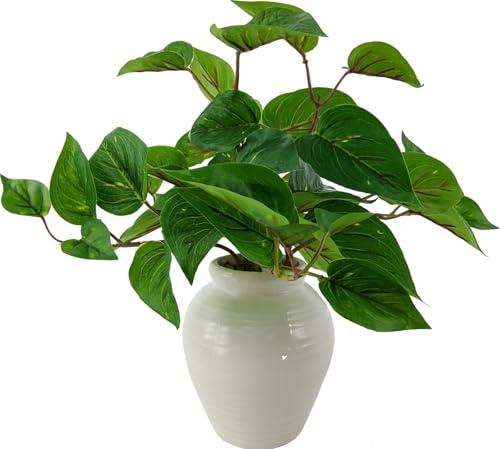 Artificial Golden Pothos Plant in White Ceramic Pot, Indoor Home and Office Greenery Decor