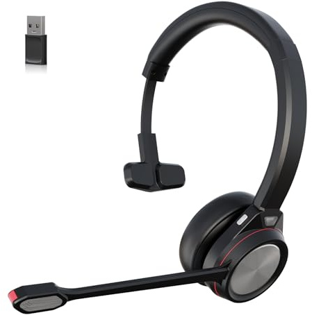 Bluetooth Headset with Microphone for PC, Mono Wireless Office Headset Bluetooth 5.2 with USB Dongle, Noise Cancelling Mic with Mute, 30H Battery, Lightweight for Call Center, Laptop, Teams Zoom