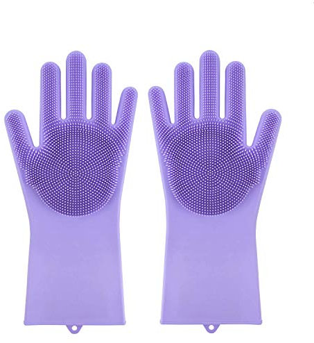 UMyhou Magic Saksak Wiederverwend Silikon-Handschuhe mit Washer hitze Handschuhe Küchenhelfer für Reinigung, Haushalt, Geschirrspülen, Autowäsche, Tierpflege (1 Paar) (Purple)
